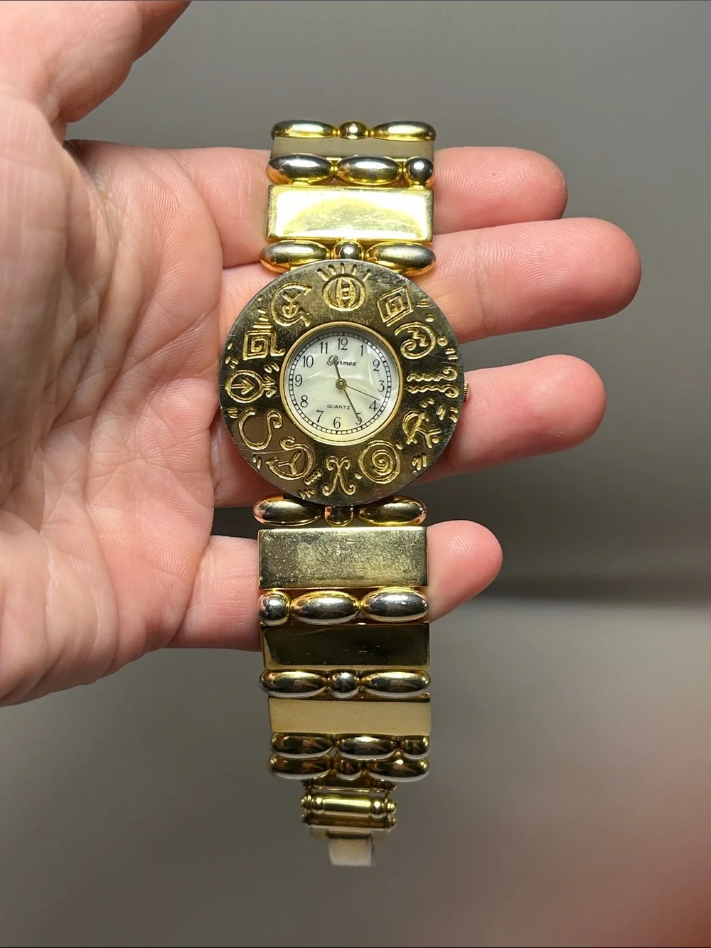 Costume Jewelry Gold-Tone Bracelet Watch with Decorative Dial